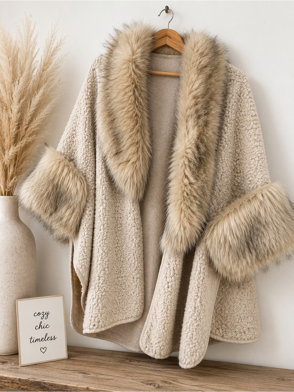 Beige Faux Fur Trim Cozy Shawl Cape